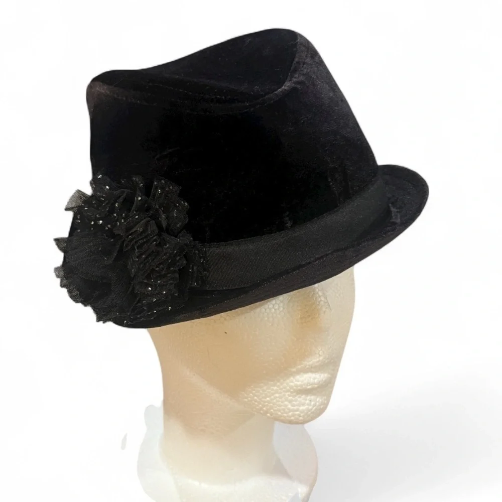 The Place Black Velvet Fedora with Floral Accent, Kids L 10+ 2 for $30